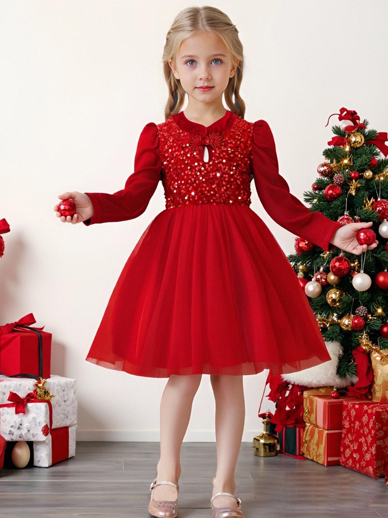 

Red Sequin Christmas Princess Dress with Puff Sleeves and Gold Velvet for Girls 120 cm
