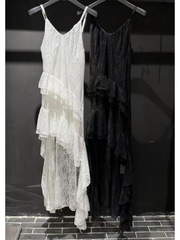 Women's 2025 Irregular Ruffle French Lace Sling Dress with Waist-Cinching and Slimming Design