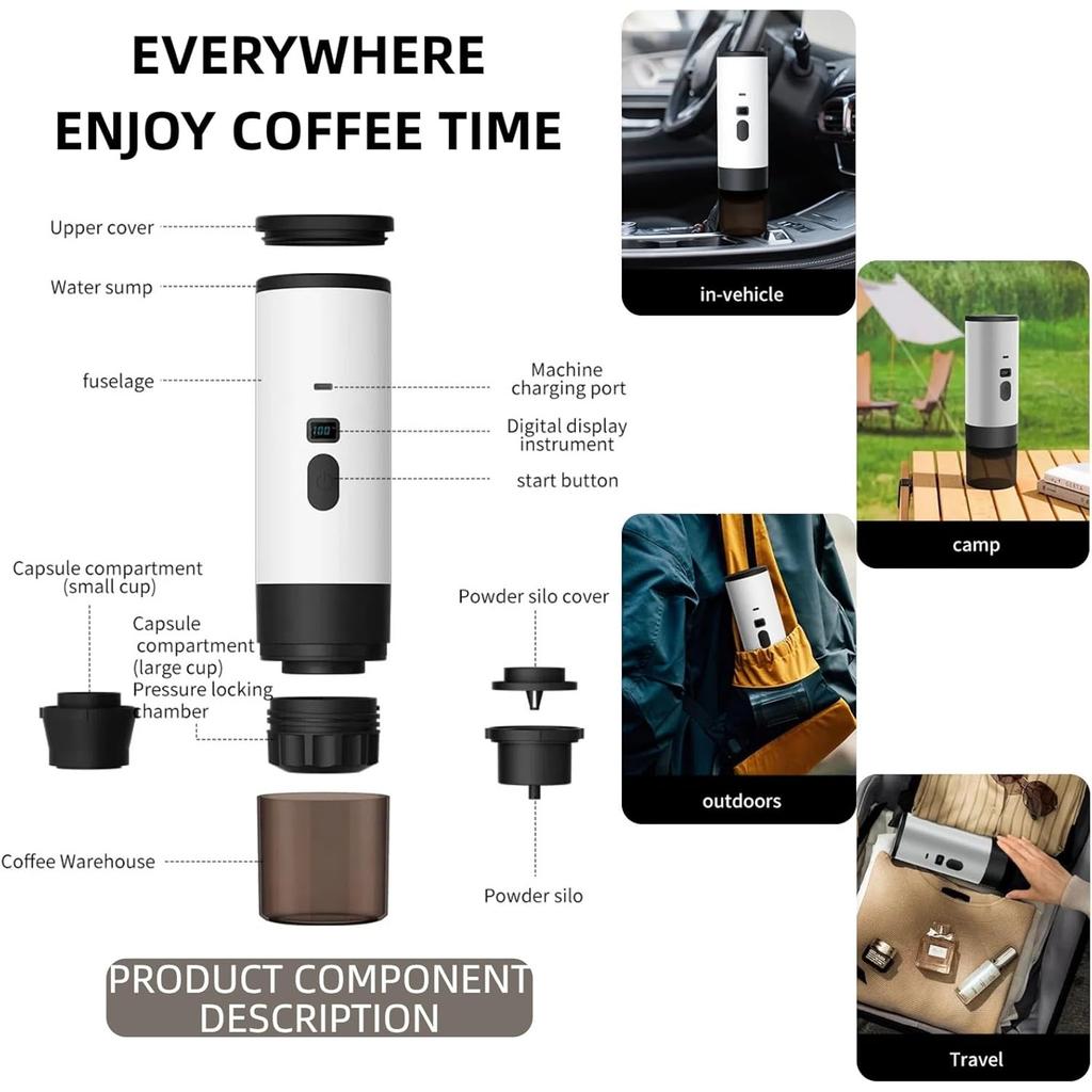 3 in 1 Portable Coffee Maker for Travel,Mini Espresso Machine On the Go,Self-Heating Compatible with Ground Coffee for Car,Hiking,Camping,Office