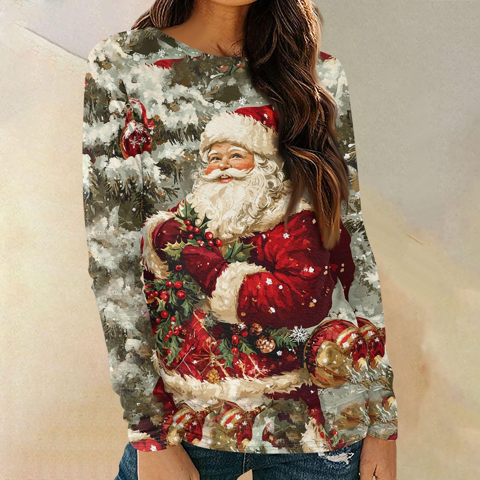

Женские рубашки с длинным рукавом и круглым вырезом, повседневные топы, туники с рождественским принтом, свободные футболки XL винный