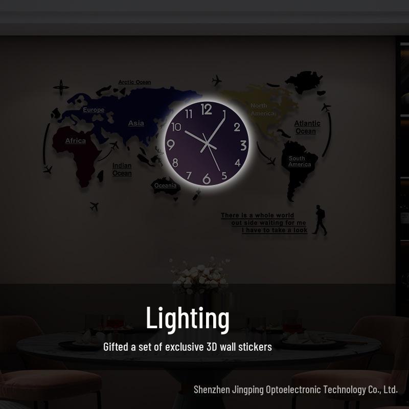 Creative World Map Wall Clock with Lamp & Perpetual Calendar for Living Room Decor