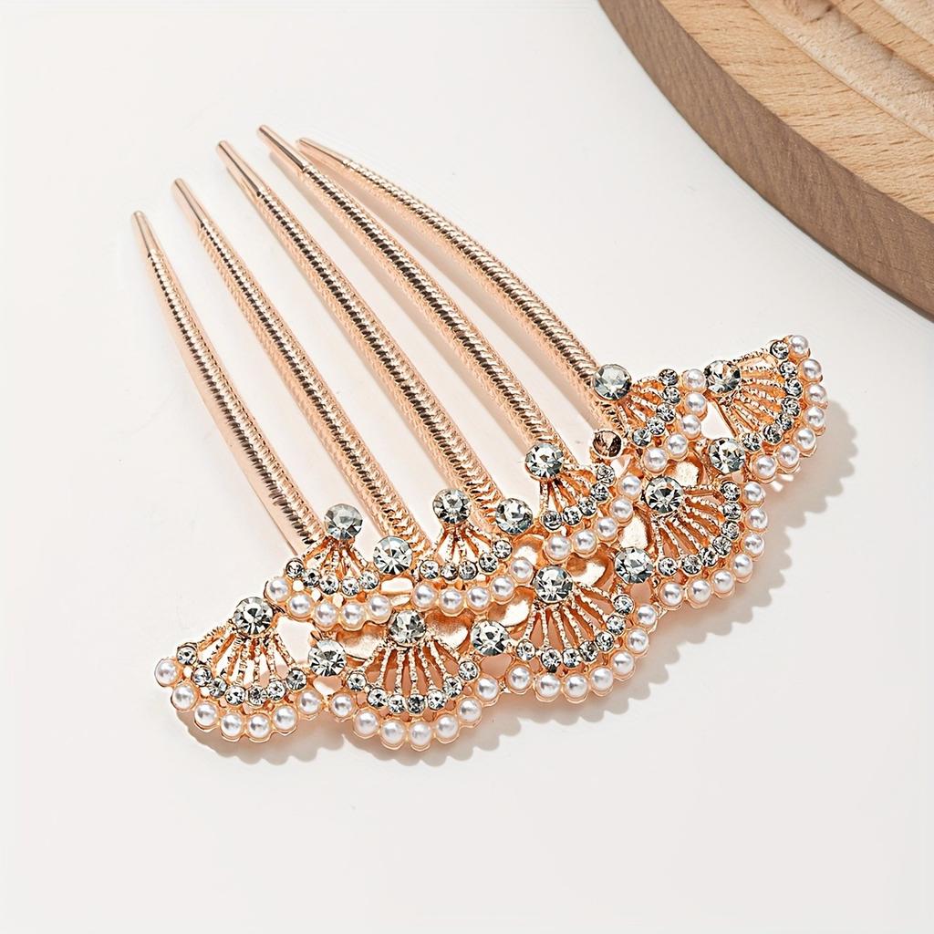 Chinese Style Hair Comb Imitating Pearls Hanfu Women's Braided Hair Crystal Five Tooth Comb High-end Versatile Hair Accessories