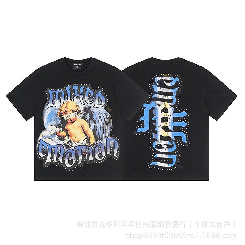 Unisex Vintage American Style Loose Fit Cotton Tee With Embellished Letter Print Round Neck Short Sleeve