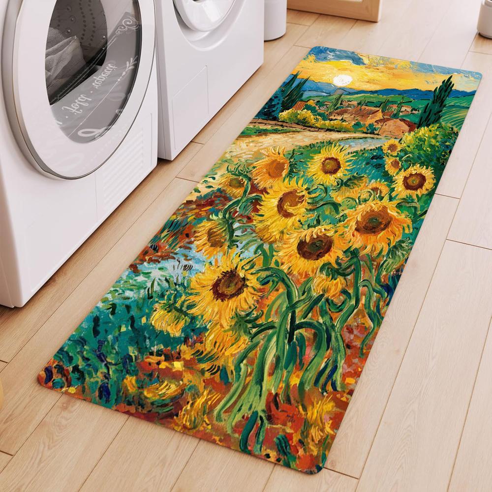 Van Gogh Style Sunflower Oil Painting Kitchen Mat Non-slip Waterproof Anti-fatigue Long Rug for Laundry Room Hallway Easy Clean