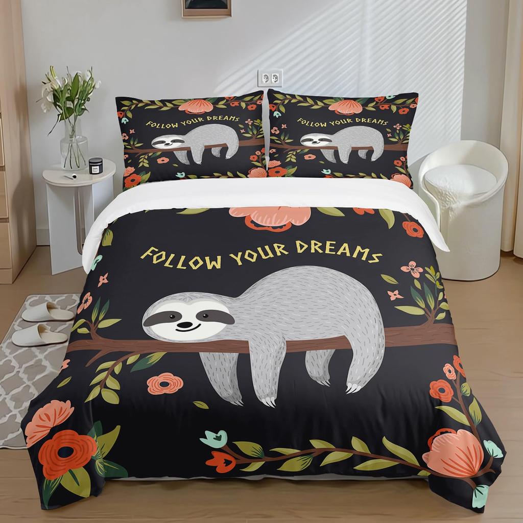 Cartoon Sloth Duvet Cover Set Girls Boys Bedroom Tropical Leaves Comforter Cover Full Size Cute Animals Bedding Set with Zipper