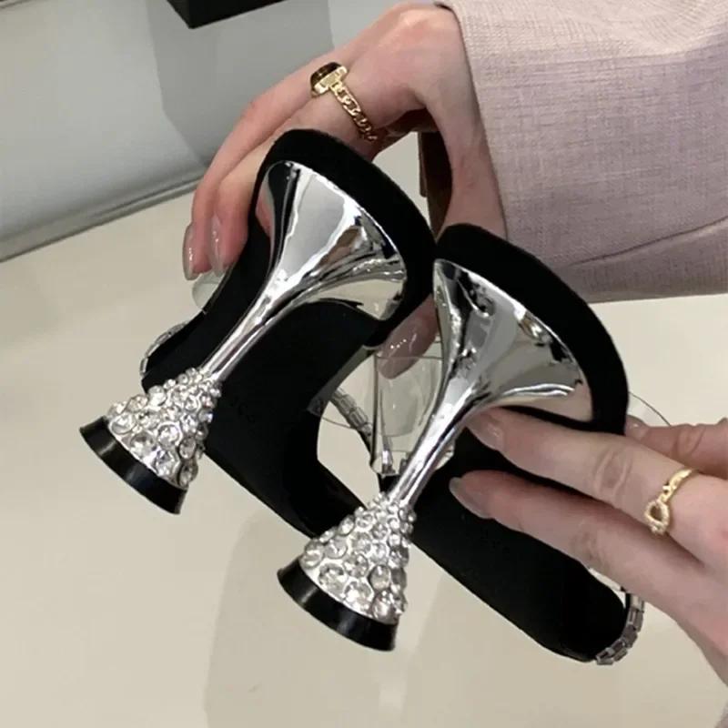 Fashion New Style Designer Shiny Rhinestone High Heels Women Sexy Open Toe Transparent PVC Slide Sandals Elegant Banquet Wedding Shoes
