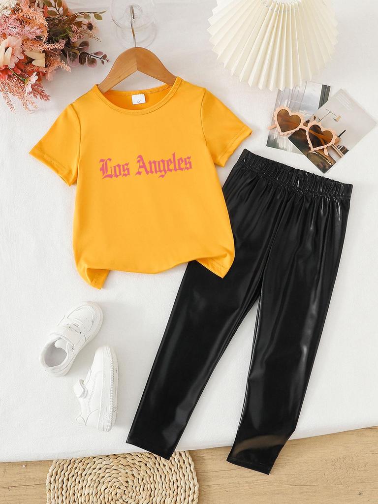 Summer Girls' Fashionable Two-Piece Clothing Set: Short Sleeve Top & Printed Long Pants