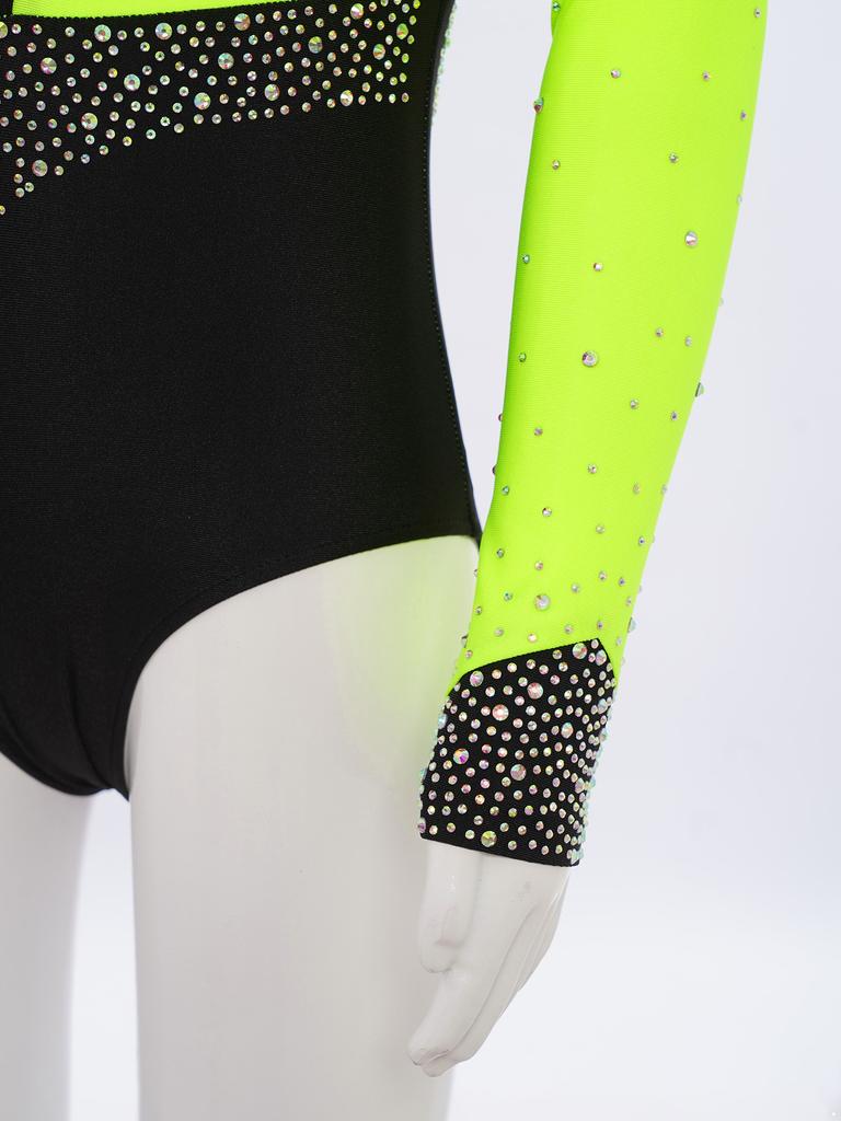 Girls Gymnastics Leotard Long Sleeve Keyhole Back Shiny Rhinestones Figure Skating Dancewear