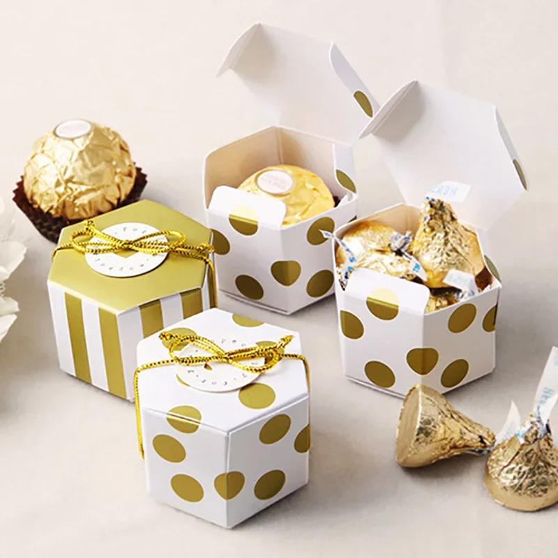 10pcs/lot Mini Gold Round Dot Striped Hexagonal Candy Box for Wedding Birthday Party Decoration Favor Gift Souvenirs PM003