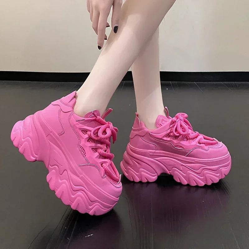 Fashion 8.5cm Women Platform Sneakers Lace-up Autumn Sports Dad Shoes High Top Chunky Casual Shoes Woman Thick Bottom Mesh White Shoes