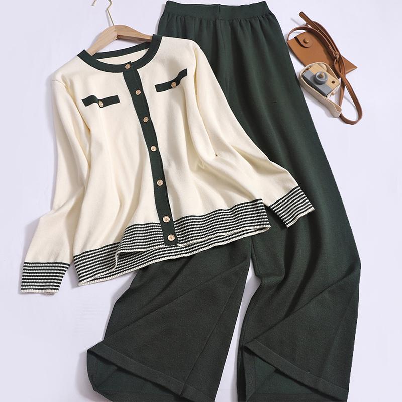 Simple Fashion Women 2 Piece Set Fall O-neck Single Breasted Long Sleeve Knit Cardigan and High Waist Wide Leg Pants Casual Suit