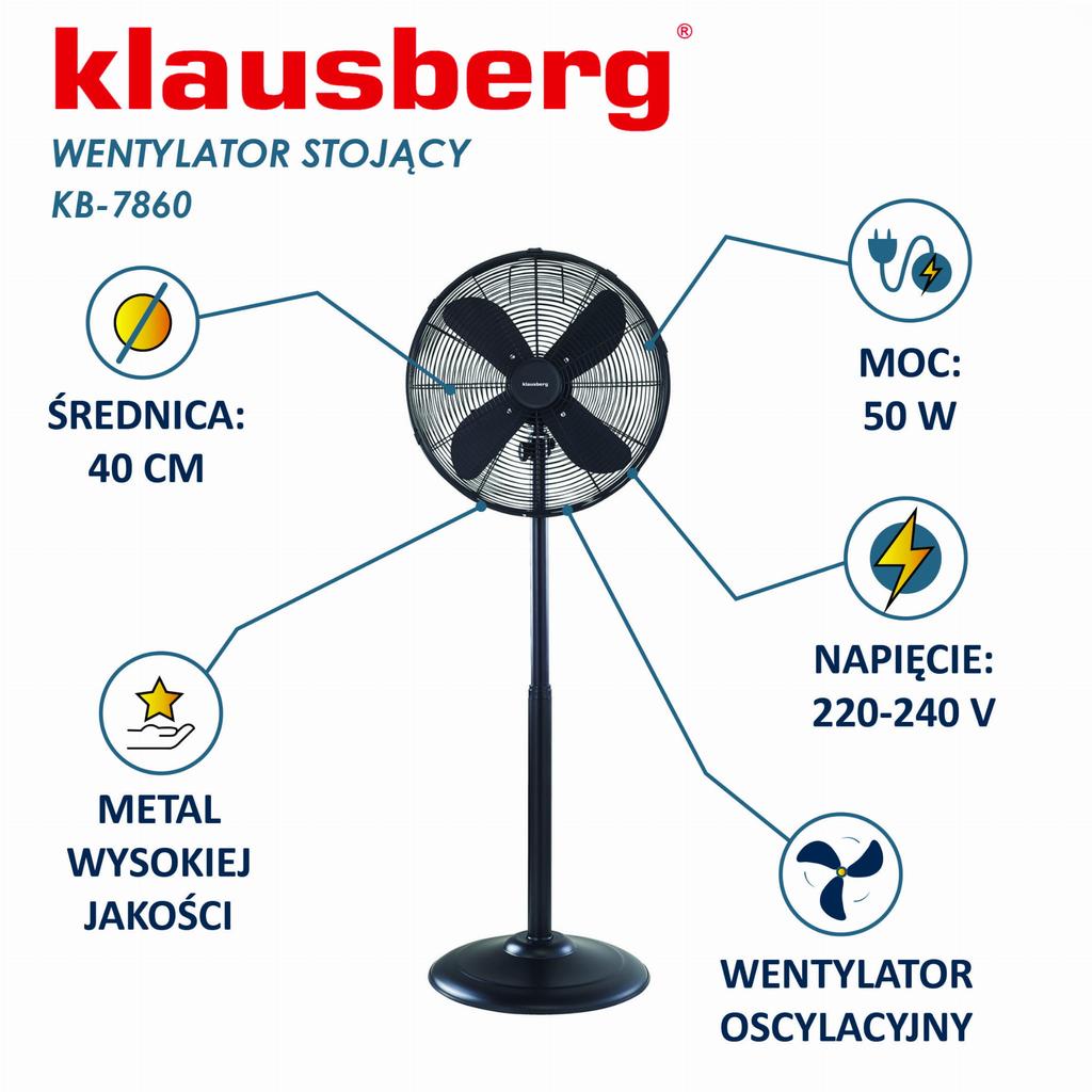 Wentylator stojący podłogowy 40cm 50W metalowy KLAUSBERG KB-7860  Czarny