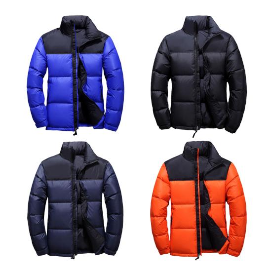 Men Cotton Coat Stand Collar Long Sleeve Patchwork Color Cotton-Padded Jacket with Pockets Zipper Placket Windproof Cuffs Cotton Outwear