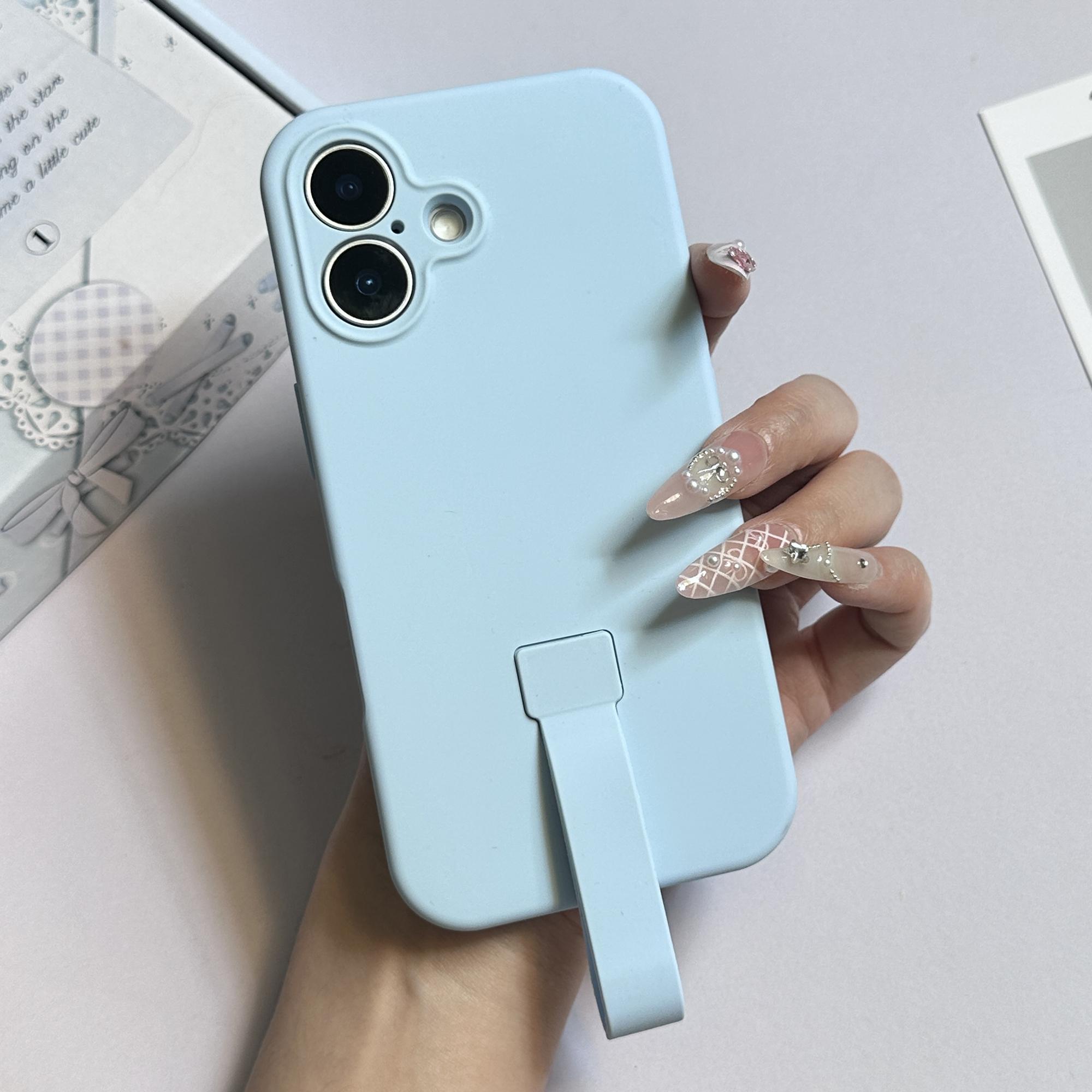 

For iPhone 16 Case with Finger Strap Soft Silicone Phone Back Cover Sky Blue