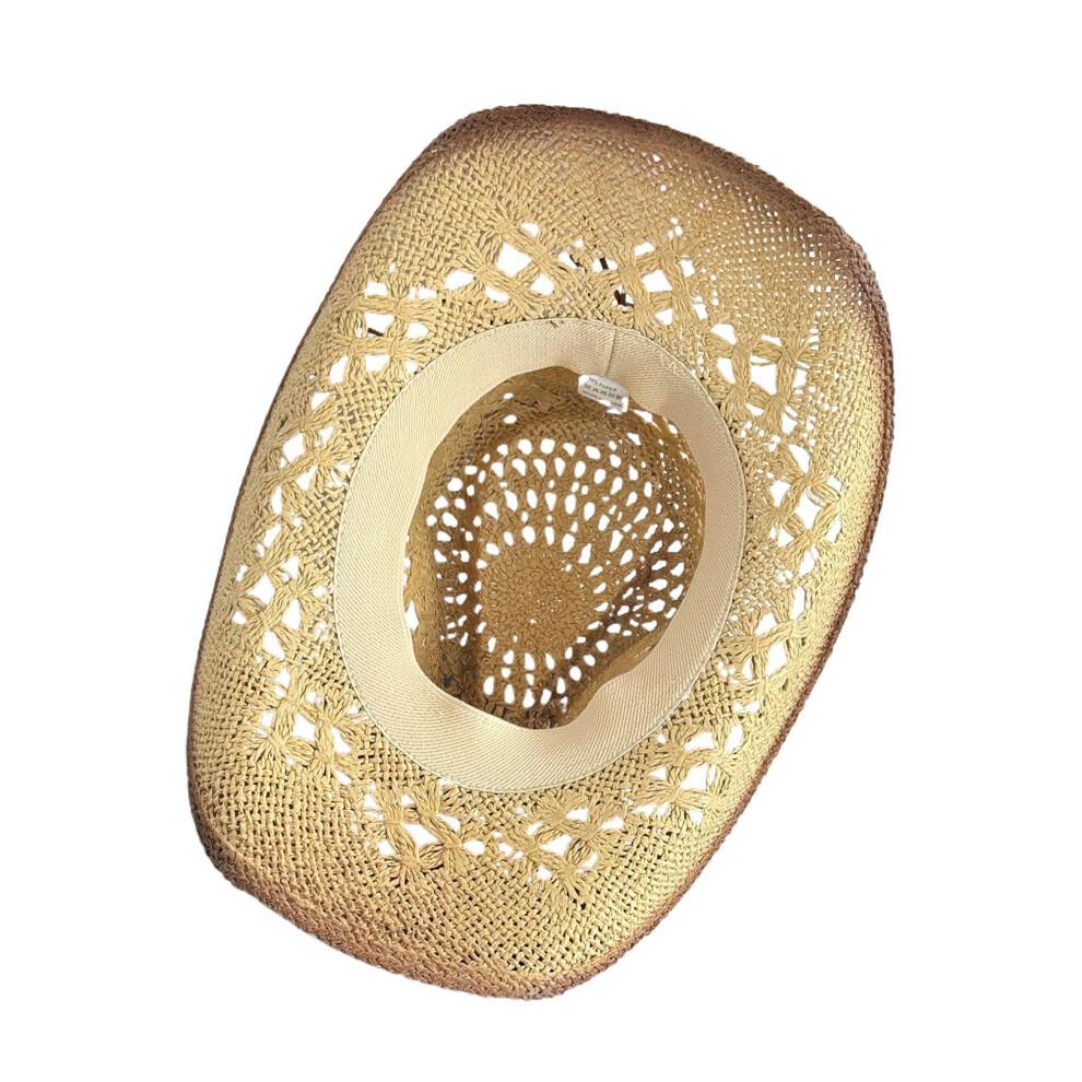 (One Size, Khaki) Men Women Beach Hat Breathable Western Style Cowgirl Straw Hat Stylish Wide Brim Sun Hat