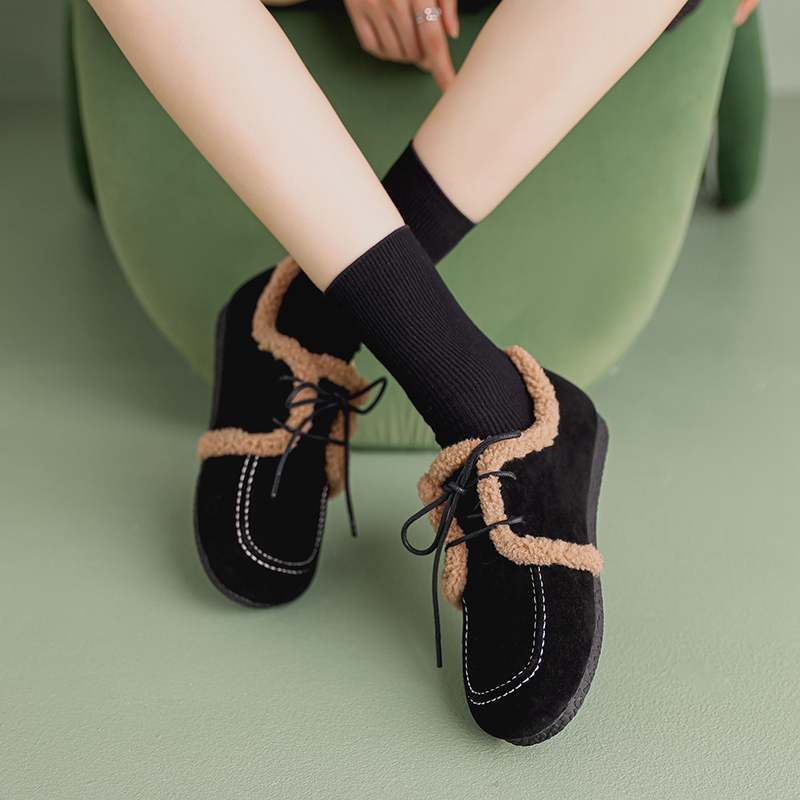 Krazing Pot Suede Fur Spring Autumn Winter Flats Lace Up Women Keep Warm Casual Shoes