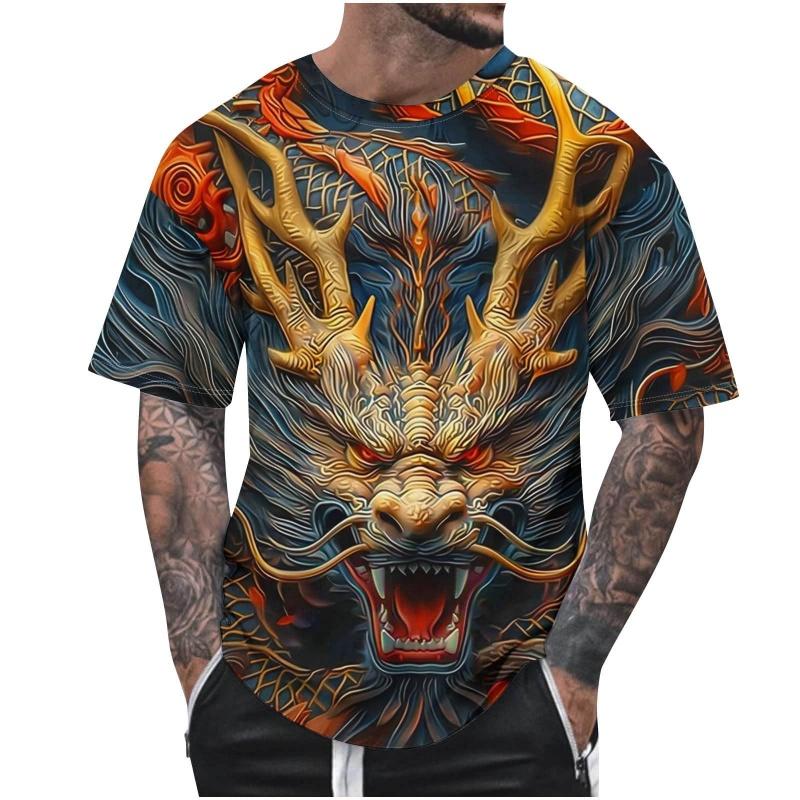 Colorful Retro Dragon Pattern T Shirt For Men Cool 3D Printed Tees Casual Streetwear Short Sleeve Round Neck Tops Loose T-Shirts