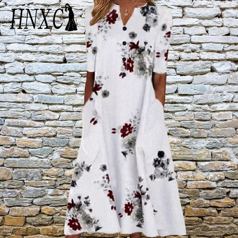 HNXC Elegant Women Dresses V Neck Short Sleeve Button Party Dress Female Summer Vintage Print Dress Casual Loose Floral Ladies Dresses