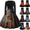 Women's Casual Vintage Long Sleeve Dress Halloween Print Round Neck Fit and Flare Midi Dress with Waist Tie Belt
