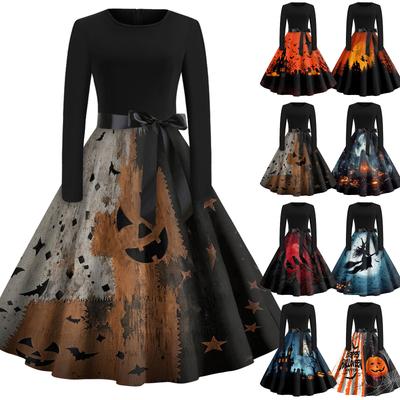 Women's Casual Vintage Long Sleeve Dress Halloween Print Round Neck Fit and Flare Midi Dress with Waist Tie Belt