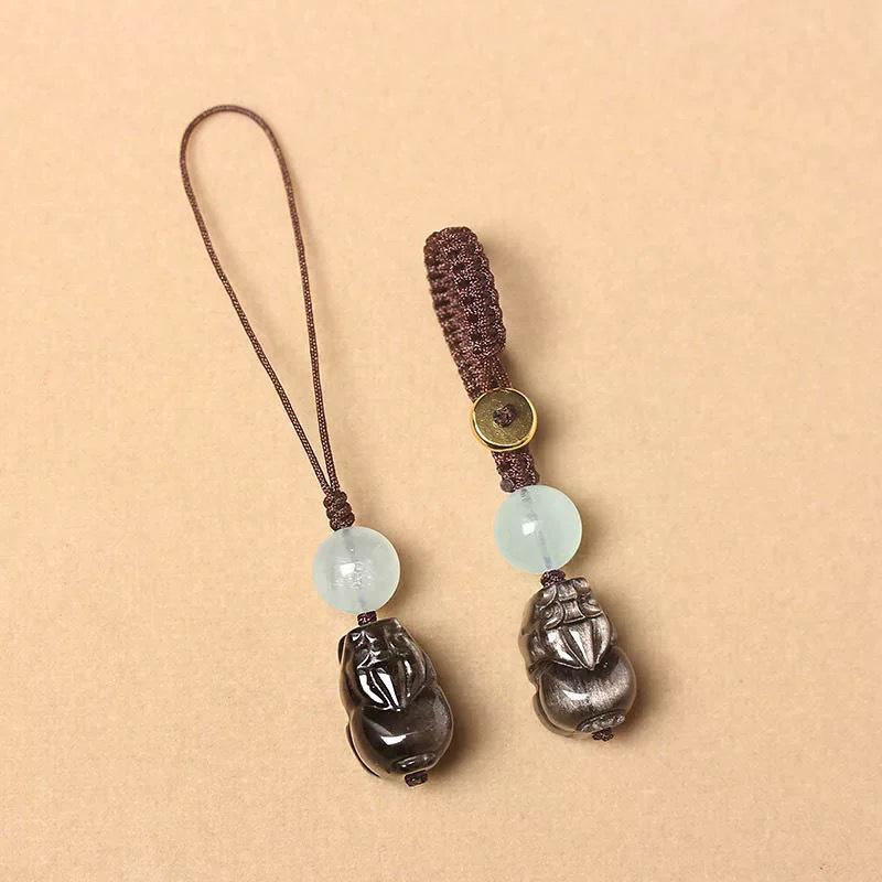 Silver Obsidian & Blue Chalcedony Pi Xiu Lanyard Keychain - Unisex Car & Phone Pendant