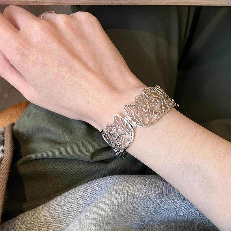 silver  glossy irregular hollow out leaf butterfly bracelets for women unique design high-end Wide bracelet party