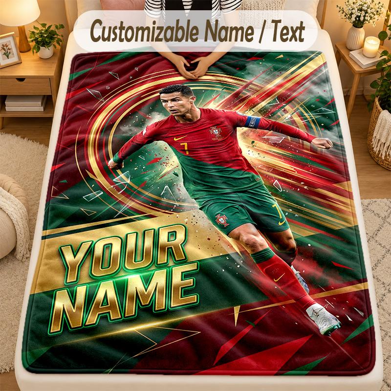 Flannel BlanketCristiano Ronaldo Custom Name Text Personalized Soft Warm Throw Blanket Home Decor Gift