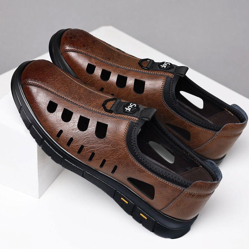 

Casual shoes men s new leather shoes business beef tendon sole sandals hole shoes foreign trade summer beach shoes hollow shoes 44 темно-коричневого