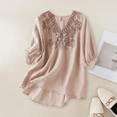 Dam Enfärgade V-ringade Toppar Sommar Casual Blus Mode Broderi Sömnad Tunika Oversize Halvärmsskjortor Femme