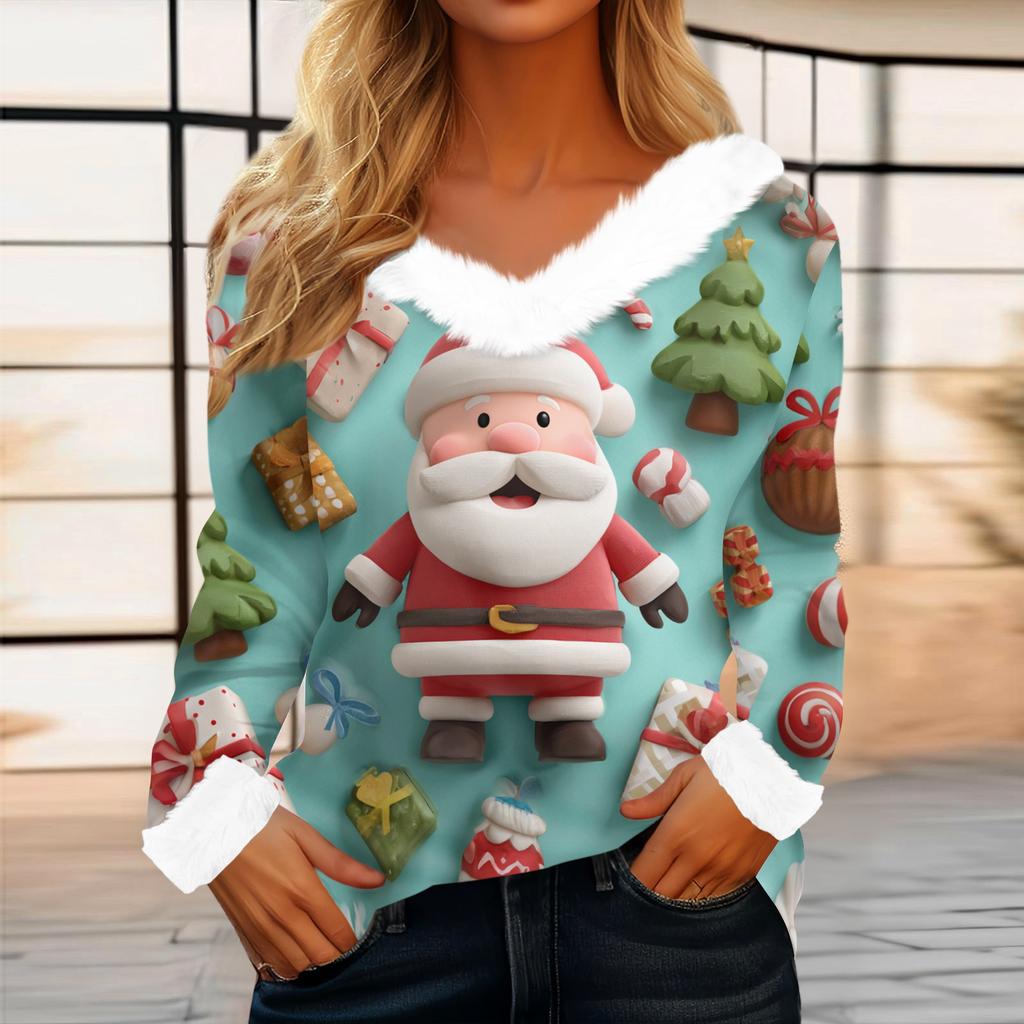 Women's Casual Fashion Long Sleeve Christmas Printed Flannel Collar Top