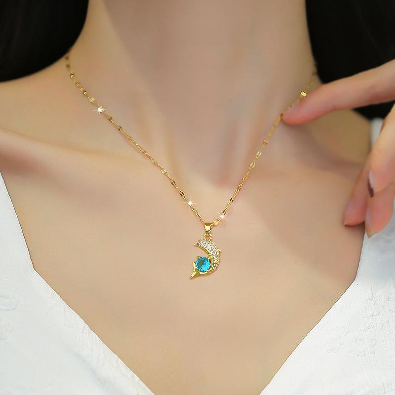 Simple Temperament Zircon Dolphin Blue Clavicle Chain Small Retro Necklace Female