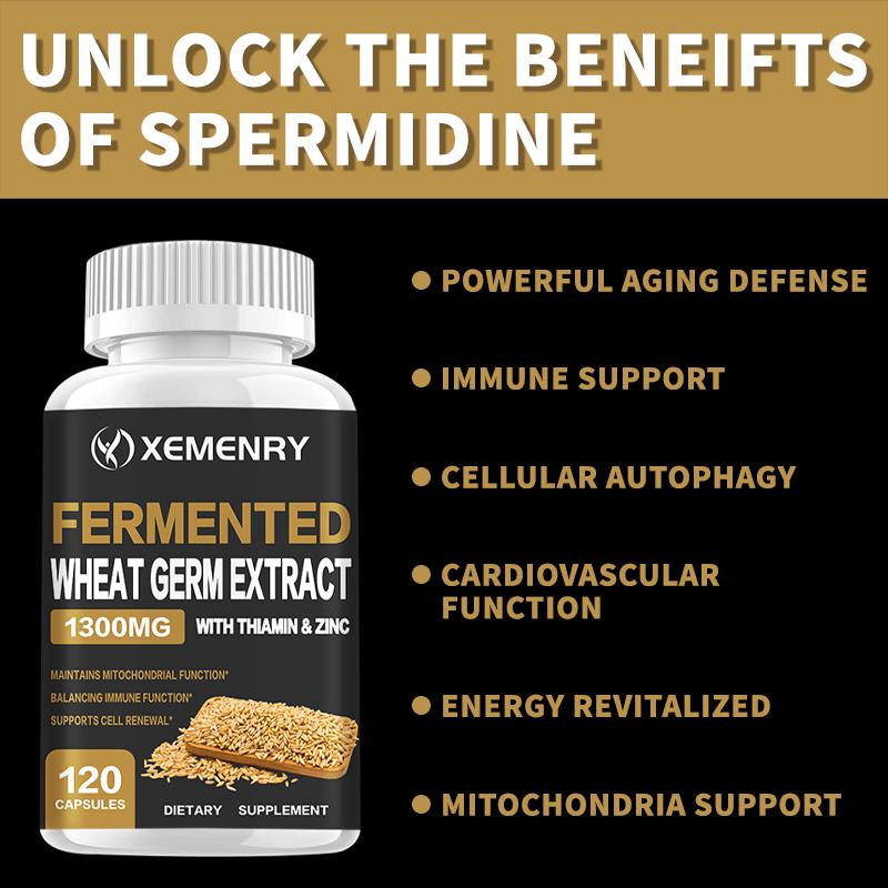 Wheat germ extract capsules, 1300mg high content, combined with vitamin B1 and zinc, antioxidant support, suitable for both men and women.