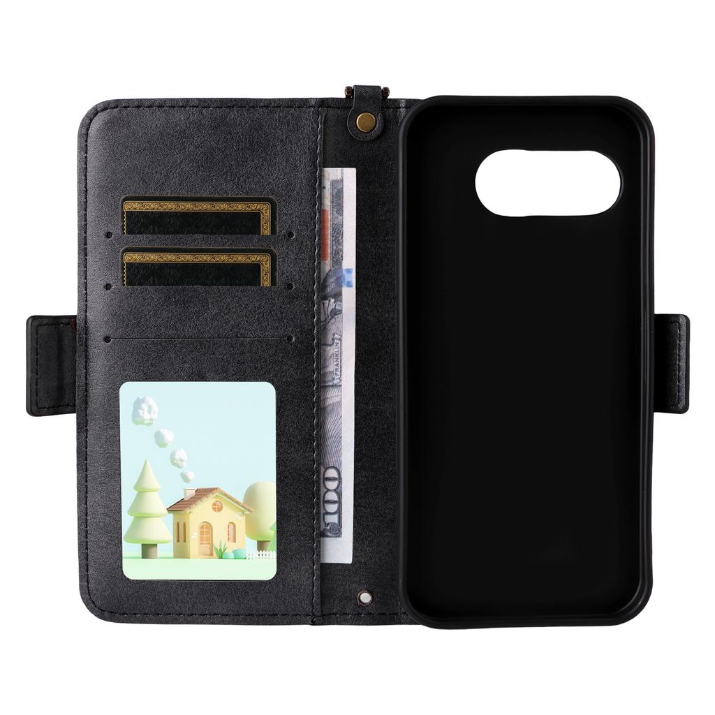 For Google Pixel 9a Leather Case Magnetic Closure Wallet Stand Phone Cover with Crossbody Strap