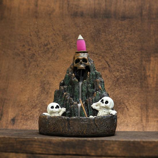 Halloween Skull Mountain Backflow Incense Burner Waterfall Incense Holder with 12 Incense Cones And Stick Resin Aromatherapy Holder for Gothic