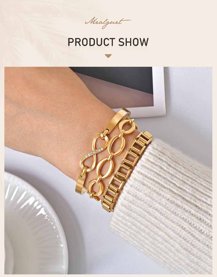 Tarnish Free Stainless Steel Stackable Chain Bracelet for Women, Statement Chunky Gold Plated Bracelet Layer Jewelry