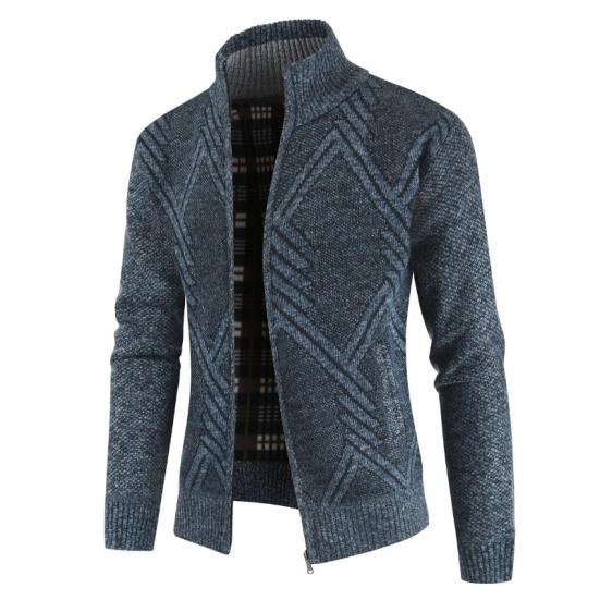Stand Collar Long Sleeves Fleece Lining Sweater Coat Men Autumn Winter Geometric Pattern Zipper Placket Knitted Outerwear