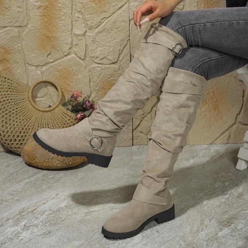 Fashion Female Women Boots Sexy Zipper Knee High Women Flats Shoes Square Toe Long Boots Thigh High Suede Chunky Heel Solid Botas