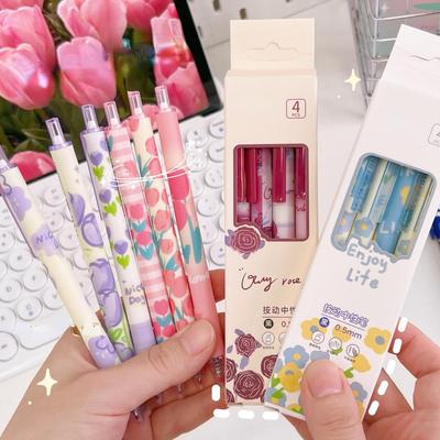 4 Teile/satz Nette Schwarz Gel Stift Entzückende Ins Koreanische Floral 0,5mm Gel Stift Kawaiii Stift für Journal Notizblock test Papier Schule Liefert