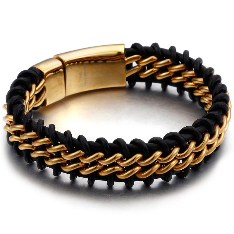 

Charm Braided Black Cowhide Simple Leather Men s Bracelets Gold Color Stainless Steel Wristband Homme Armband Male Jewelry Punk 22cm