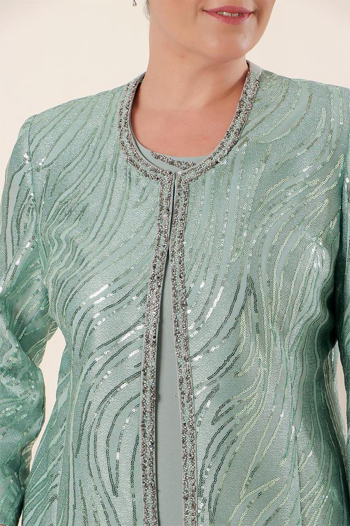 Pulpayet Ceket Yarım Ay Kollu Astarlı Krep Elbise Büyük Beden 2'li Takım