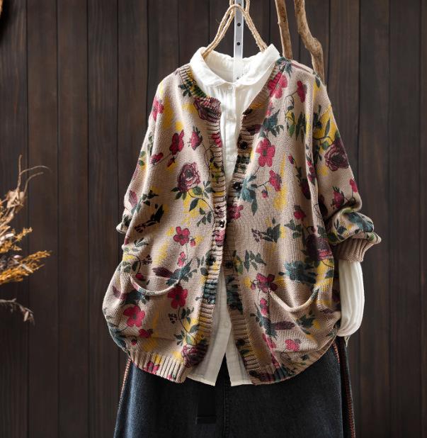 Johnature Women Vintage Print Floral Sweaters Print Floral O-Neck Long Sleeve Knitted Autumn Loose Casual Sweaters