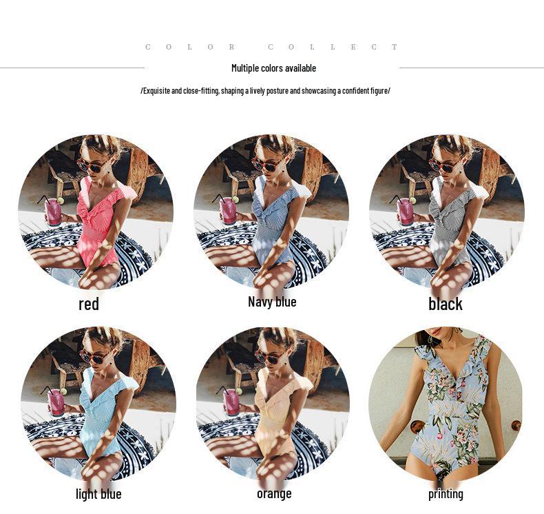 Ruffled Striped V-Neck Backless One-Piece Swimsuit - European and American Style