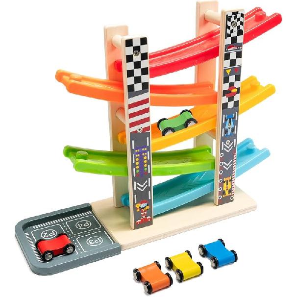 Wood City Kleinkindspielzeug für 1 2 3 Jahre, Holzauto-Rennbahn-Rennfahrer-Spielzeugfahrzeug-Set mit 7 Miniautos & Rennstrecken, Montessori-Spielzeug Bastelgeschenk für