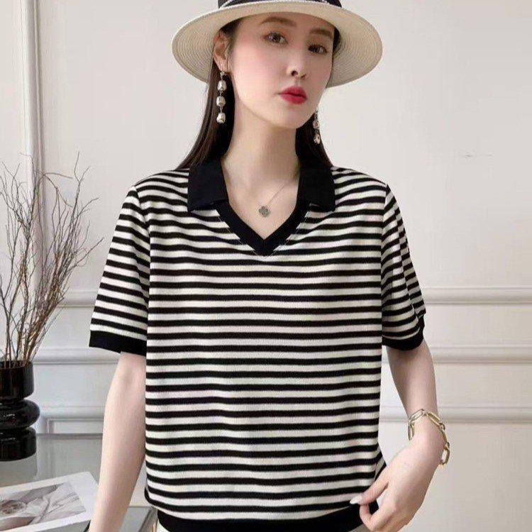 Camiseta Elegante de Verano 2026 con Bloques de Color, Cuello de Solapa, Rayas y Manga Corta
