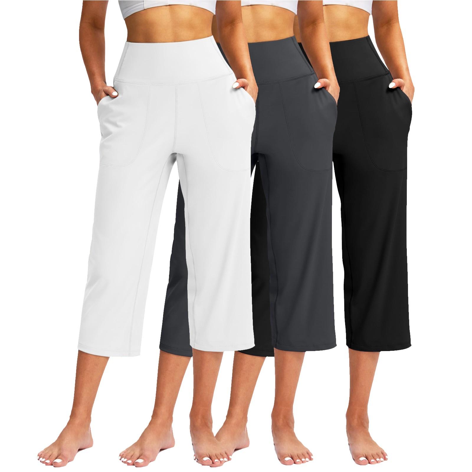 

3 Pack Women Elastic High Waist 3/4 Pant Casual Fit Wide Capris Leg Pants Trousers With Pockets XXXL білий
