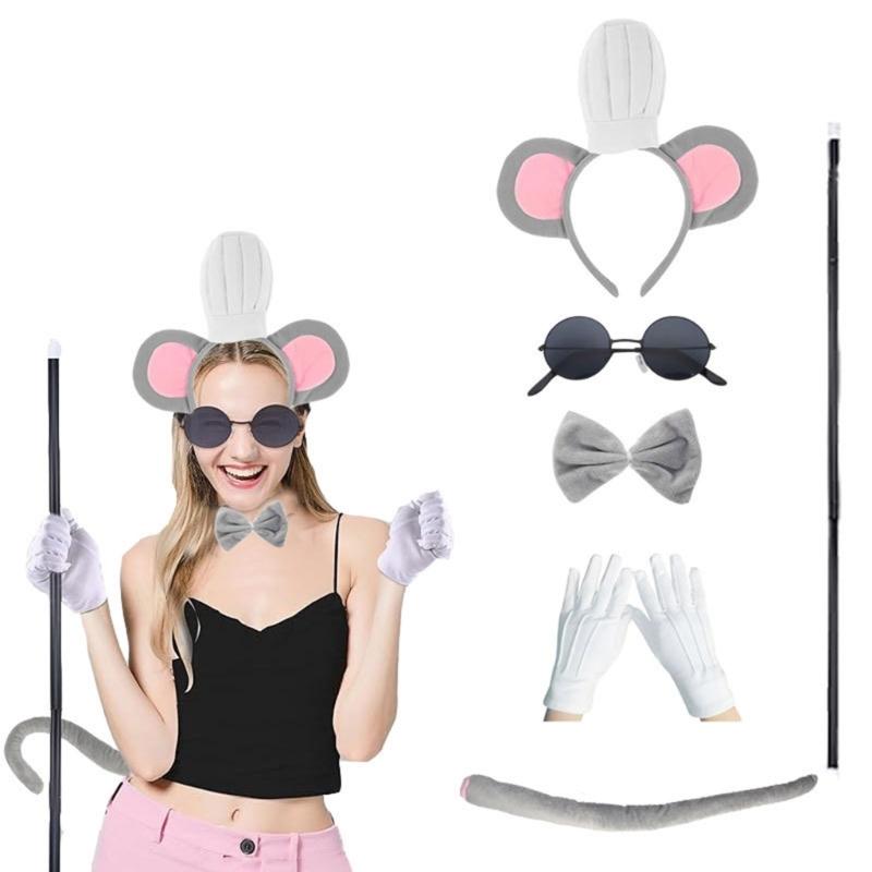 2/4/6Pcs Mouse Costume Accessories Set Halloween Dressing Up Costume Mouse Ears Headband Tail Glasses Nose for Kids