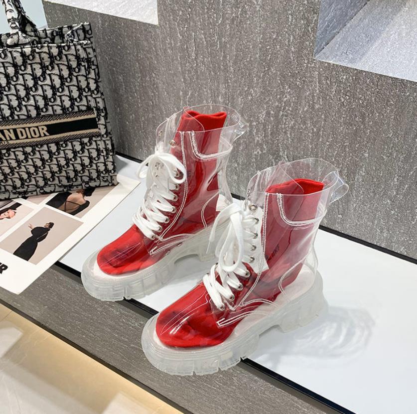 Przezroczyste Botki na Platformie 2024 Nowe Damskie Wodoodporne Botki za Kostkę Kobiece Przezroczysty Obcas Krótkie Botki Seksowne Damskie Buty Przeciwdeszczowe