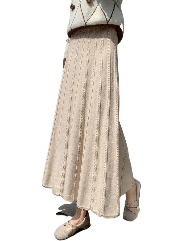 Women's Black High-Waist A-Line Woolen Skirt - Ribbed, Thickened, Autumn/Winter Casual Skirt
