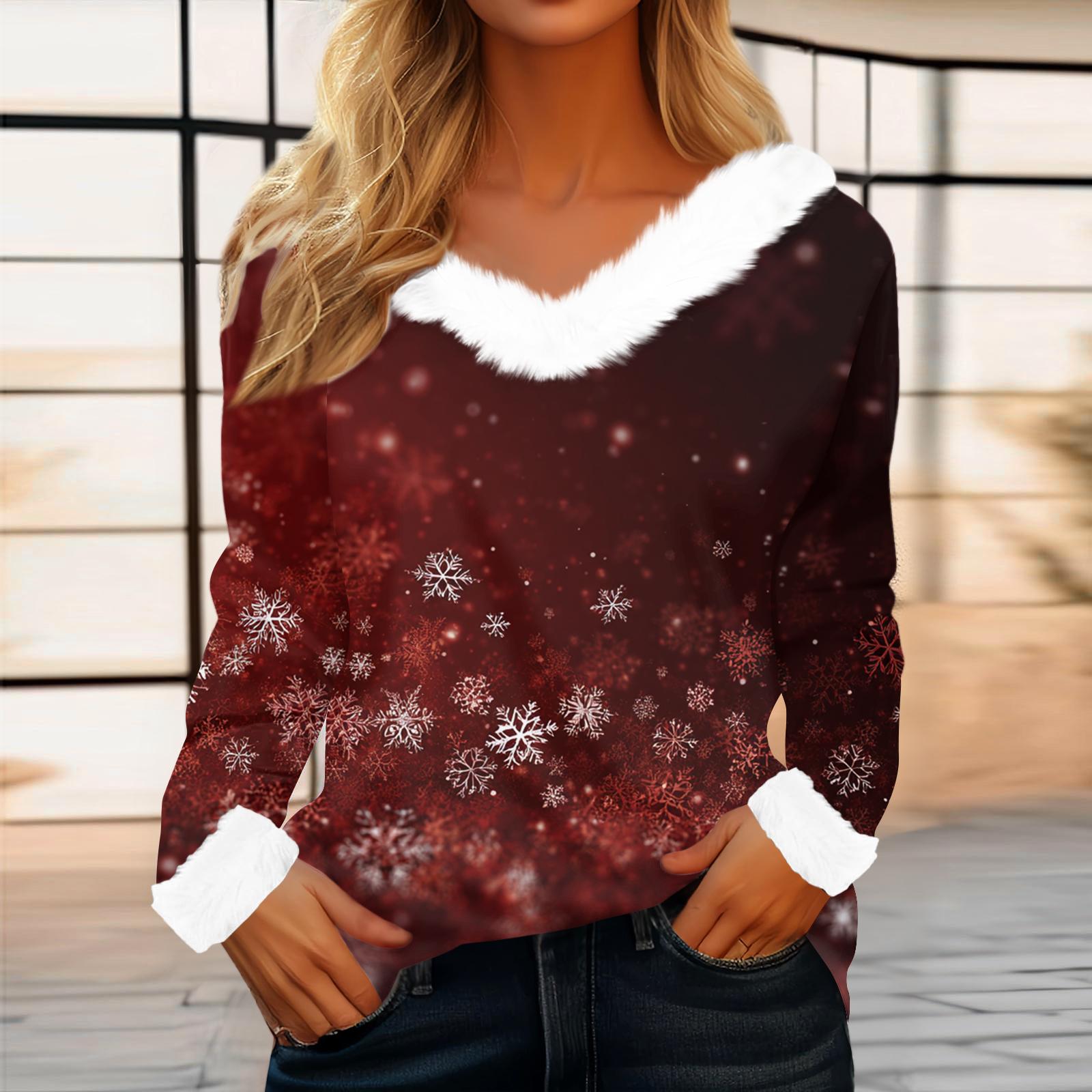 

Women s Casual Fashion Long Sleeve Christmas Printed Flannel Collar Top XXXL