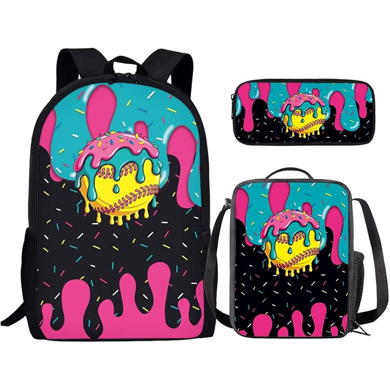 Luxe Populaire Grappige Nieuwigheid honkbal 3D Geprint 3 stuks/Set leerling Schooltassen Laptop Dagrugzak Rugzak Lunchtas Etui
